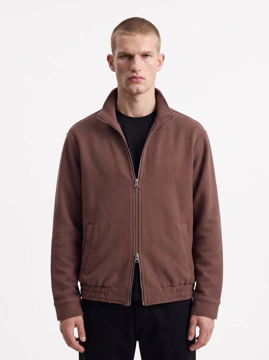 BRICK RED DIAGONAL RIBBED TEXTURED ZIP-UP JACKET W27N