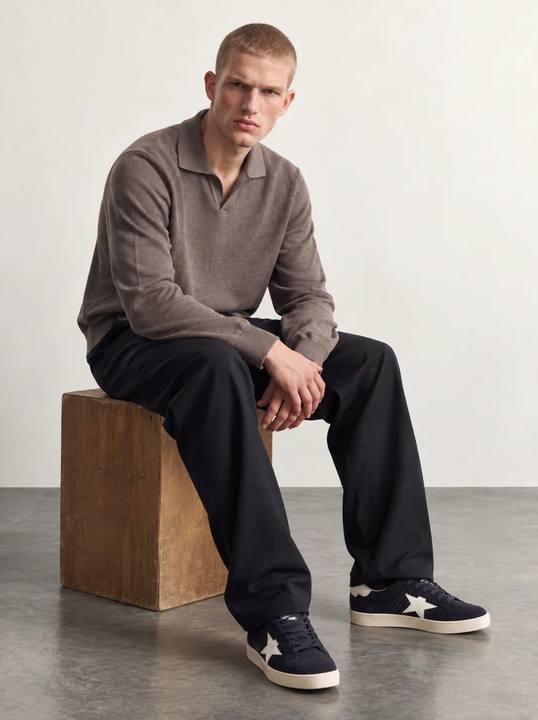 TAUPE BROWN SOFT-TOUCH KNIT OPEN-COLLAR POLO SWEATER W27N