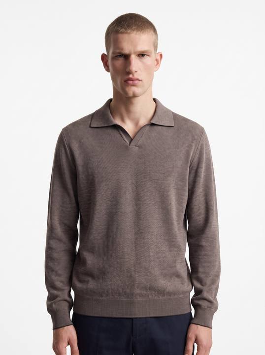 TAUPE BROWN SOFT-TOUCH KNIT OPEN-COLLAR POLO SWEATER W27N