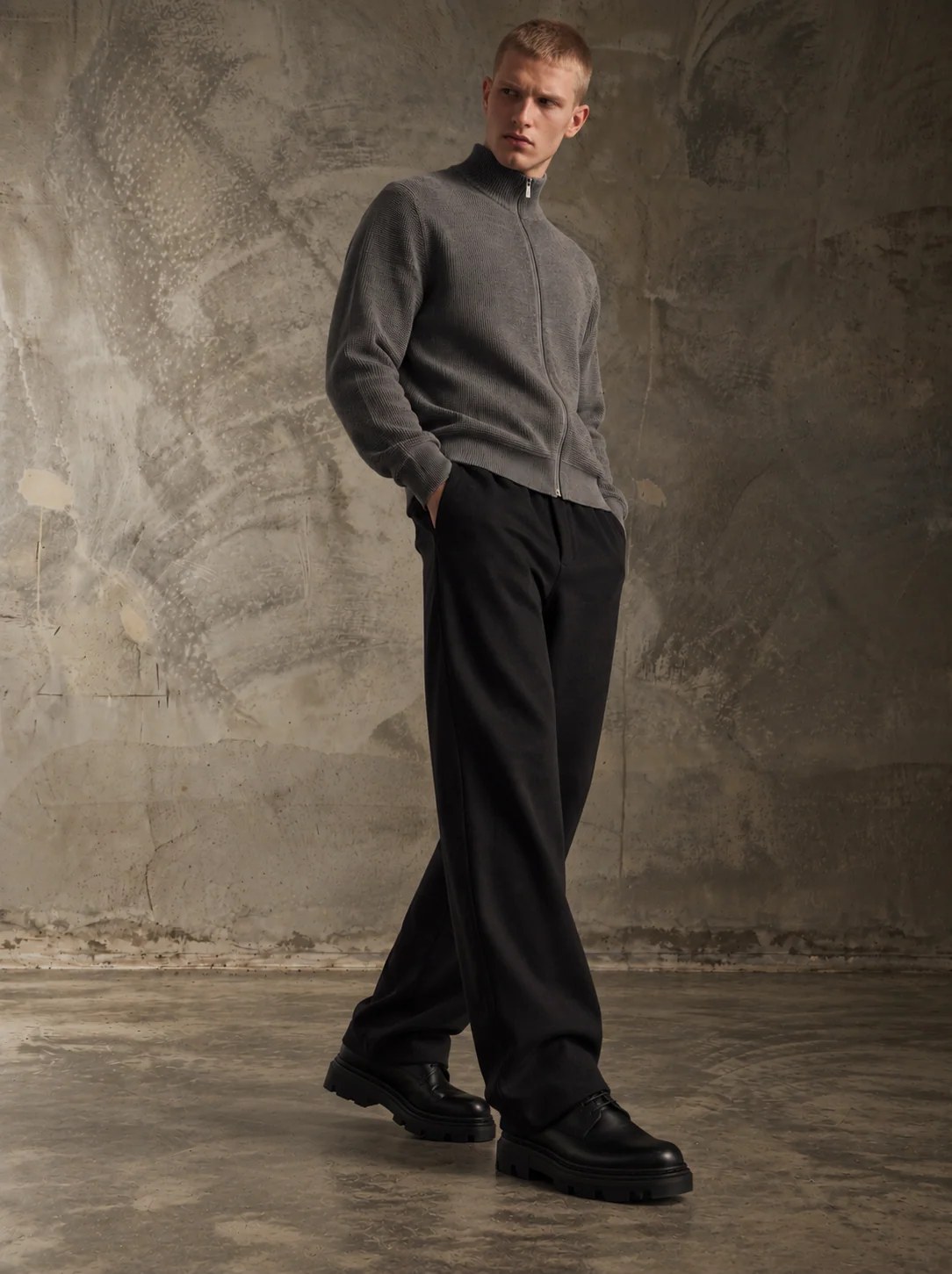 BLACK WIDE-LEG WOOL-TENCEL TROUSERS W27N