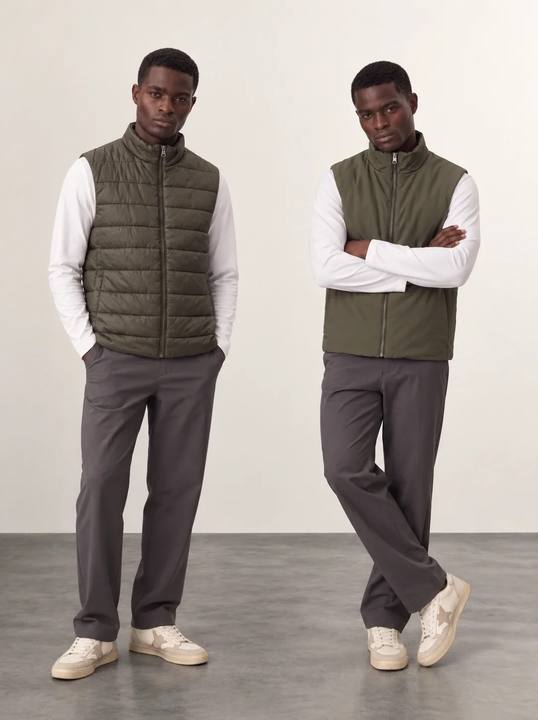 OLIVE GREEN DOUBLE-FACE REVERSIBLE ZIP-UP VEST W27N