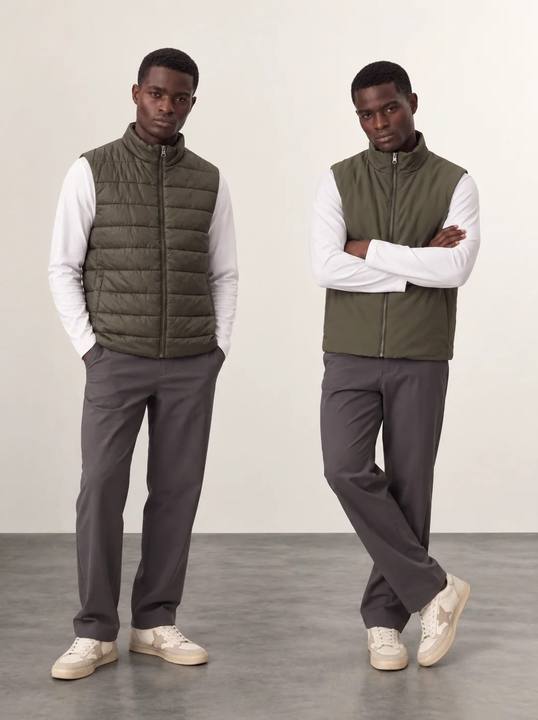 OLIVE GREEN DOUBLE-FACE REVERSIBLE ZIP-UP VEST W27N