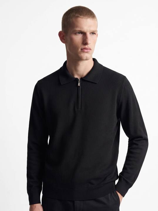 BLACK TEXTURED HALF-ZIP POLO KNIT W27N
