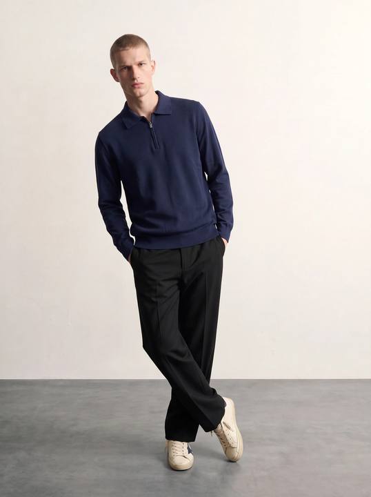 NAVY TEXTURED HALF-ZIP POLO KNIT W27N