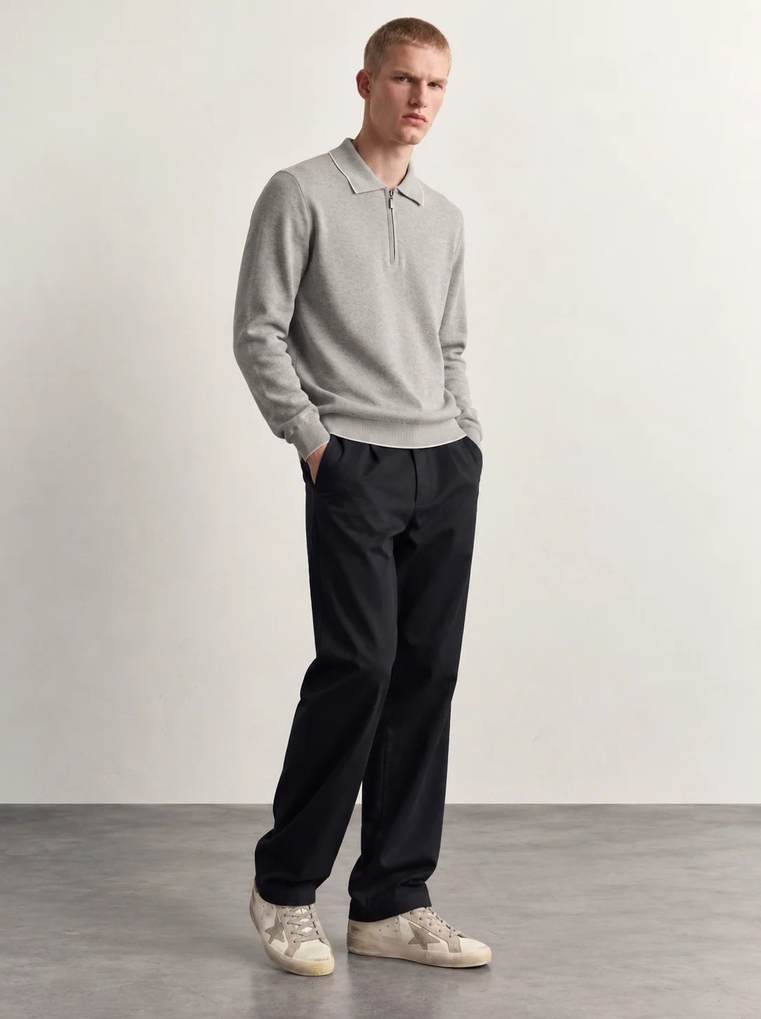 LIGHT GREY HALF-ZIP POLO KNIT W27N