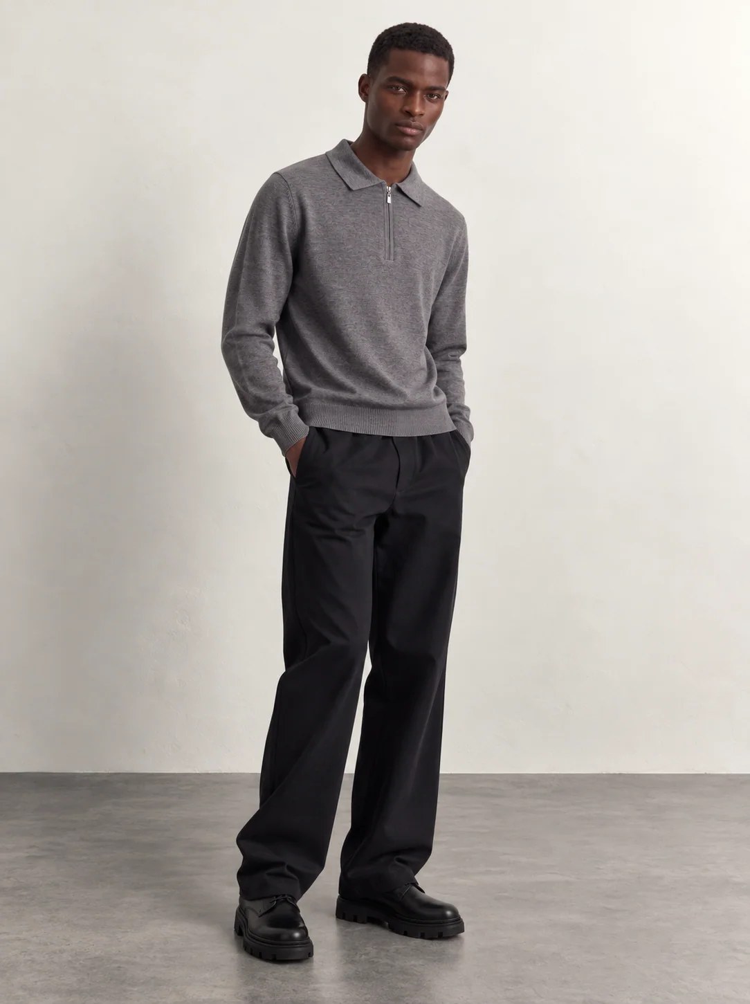 GREY LONG-SLEEVE HALF-ZIP POLO KNIT W27N