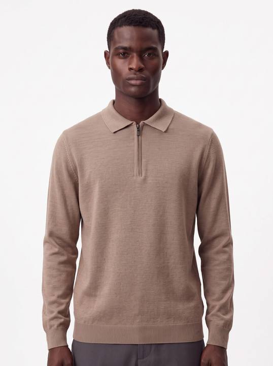 TAUPE LONG-SLEEVE HALF-ZIP POLO KNIT W27N