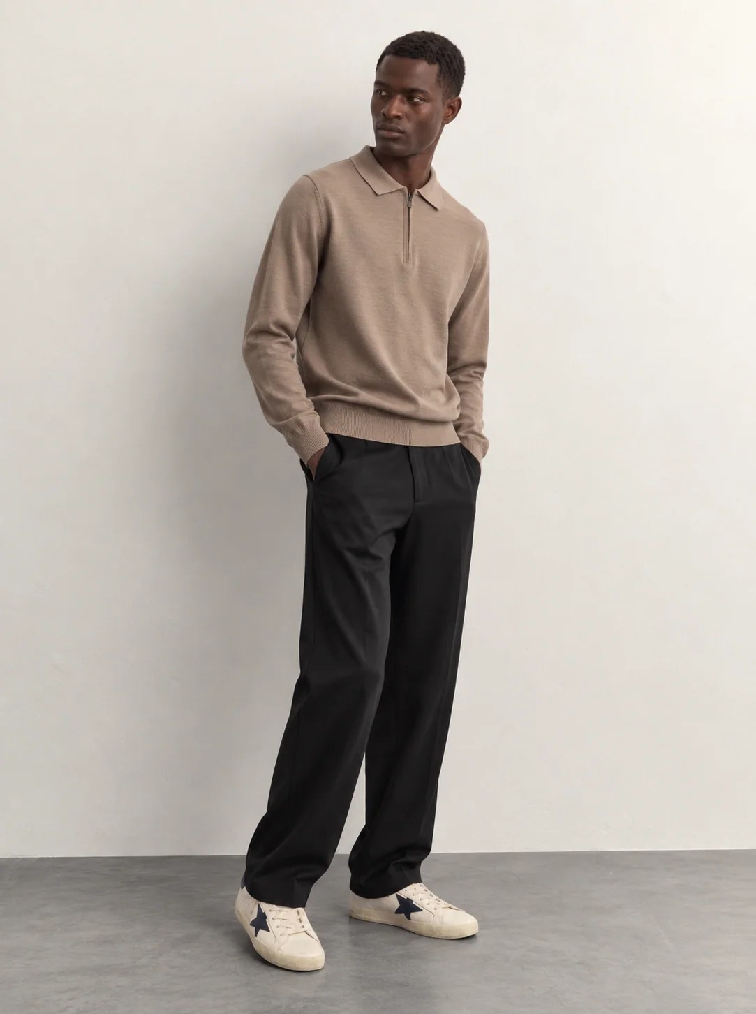 TAUPE LONG-SLEEVE HALF-ZIP POLO KNIT W27N