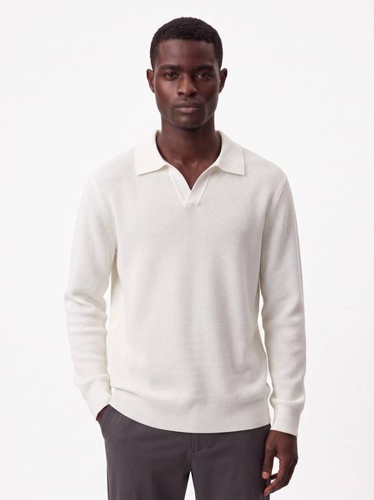 ECRU TEXTURED V-NECK POLO KNIT W27N