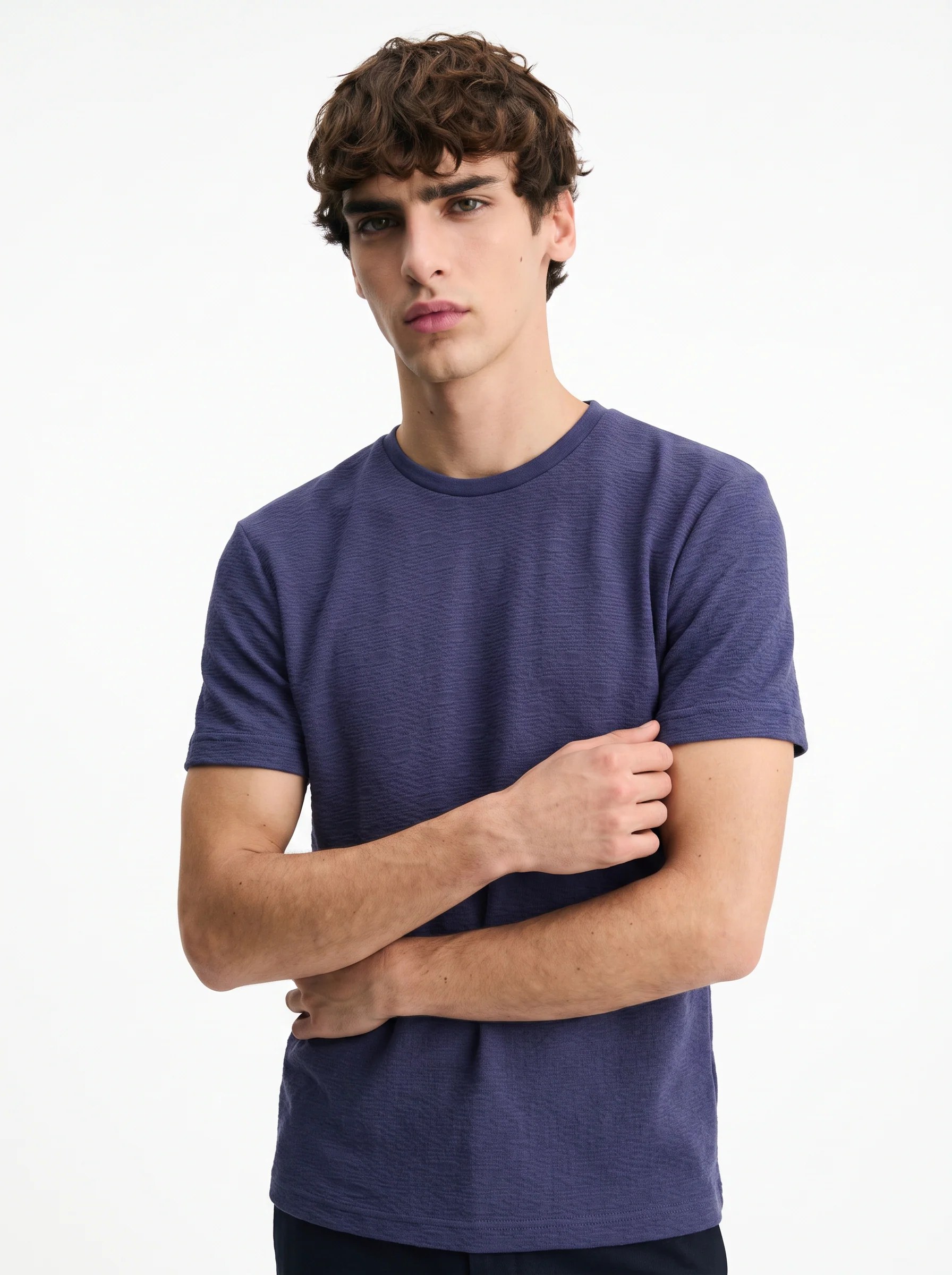 DUSTY BLUE TONAL CRINKLE TEXTURE SLIM-FIT T-SHIRT S27