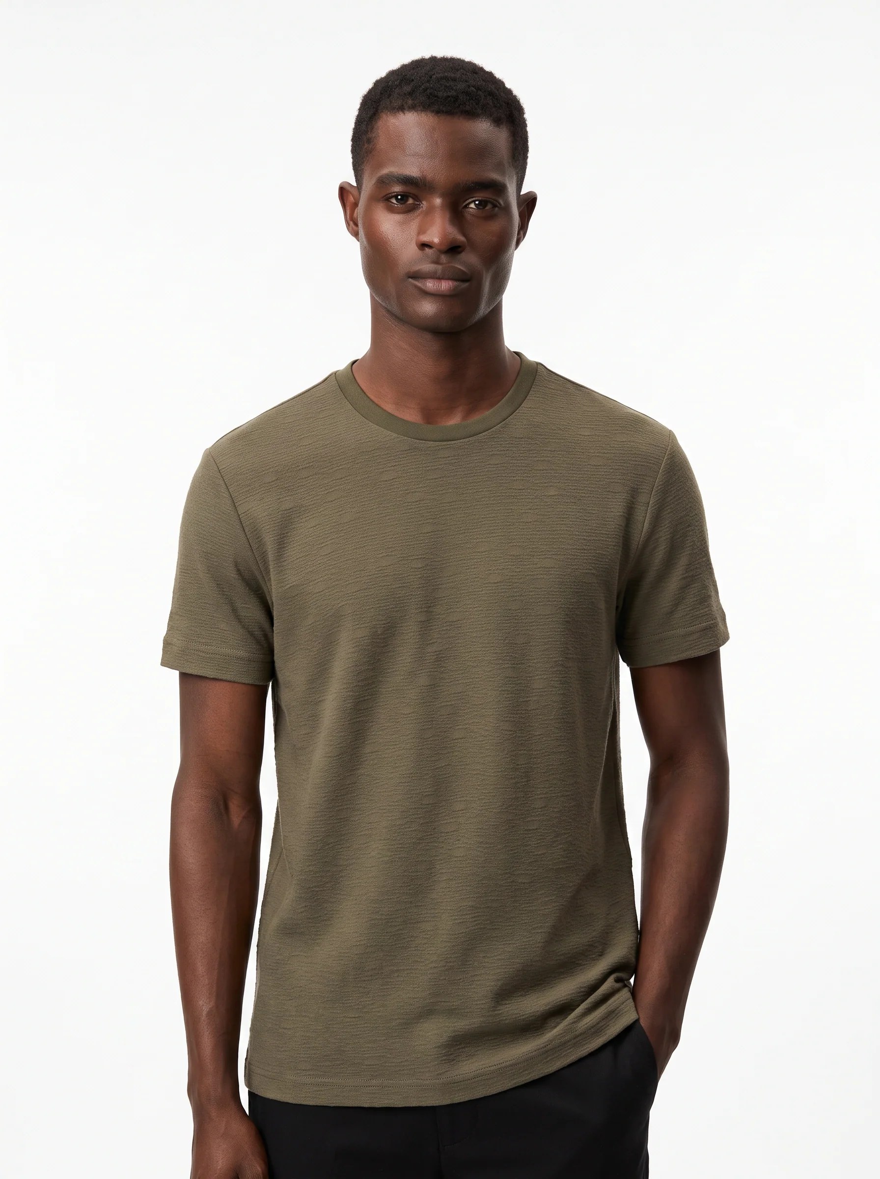 OLIVE KHAKI TONAL CRINKLE TEXTURE SLIM-FIT T-SHIRT S27