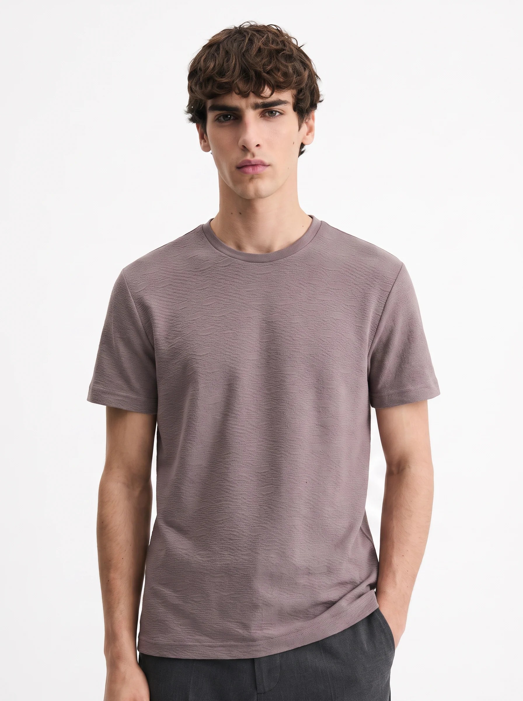 TAUPE TONAL CRINKLE TEXTURE SLIM-FIT T-SHIRT S27