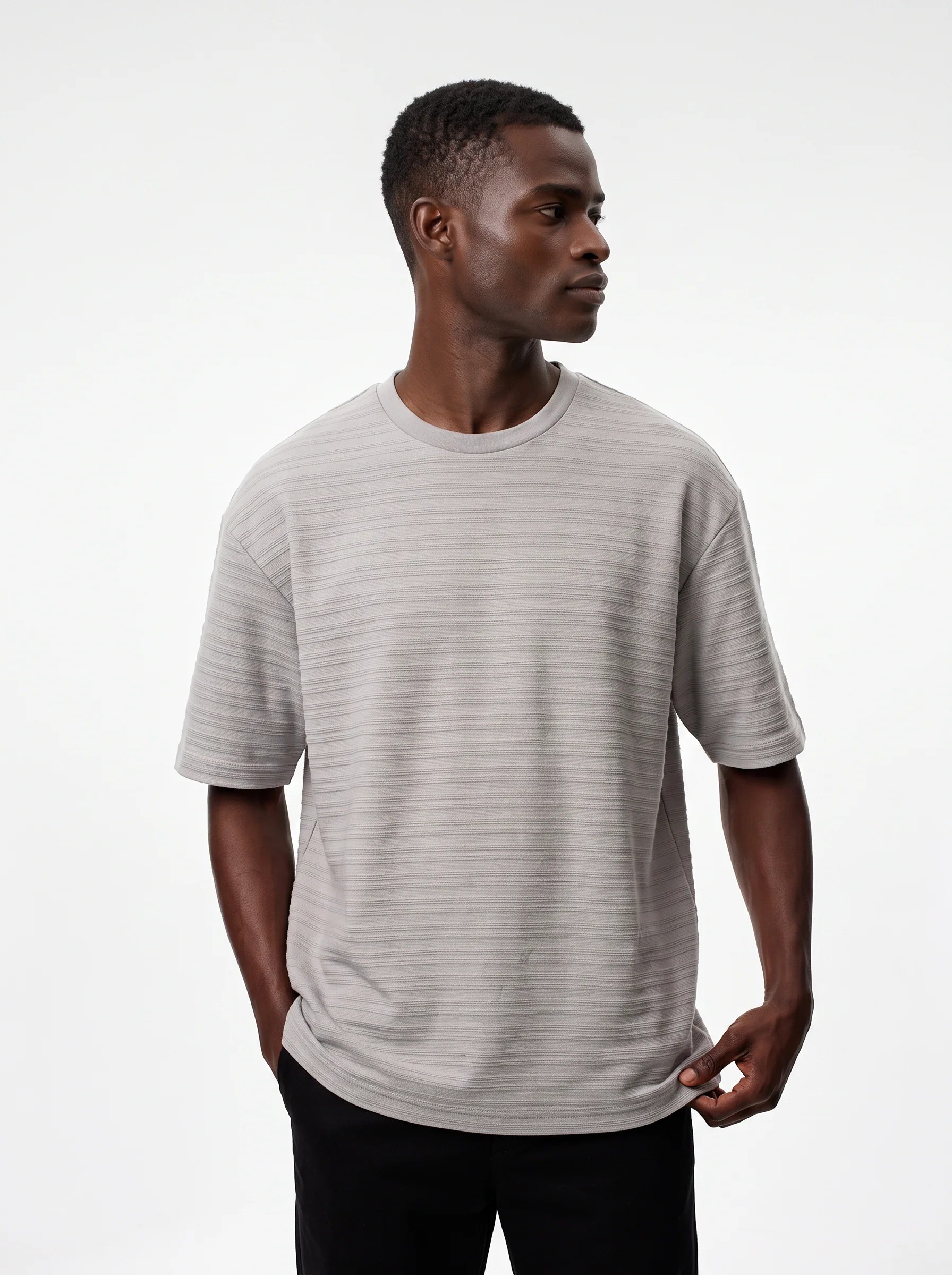 LIGHT GREY TONAL HORIZONTAL STRIPE OVERSIZED T-SHIRT S27