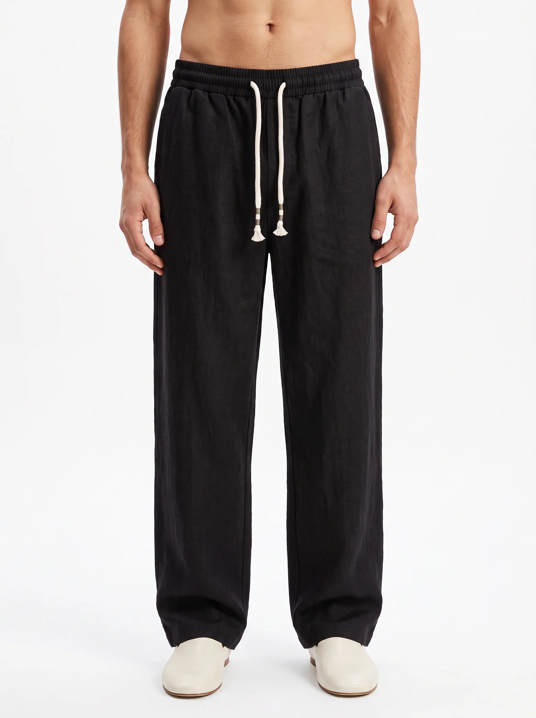 BLACK STRAIGHT FIT LINEN-COTTON PANTS S27N