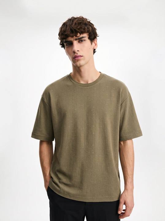 OLIVE KHAKI TONAL CRINKLE TEXTURE OVERSIZED T-SHIRT S27