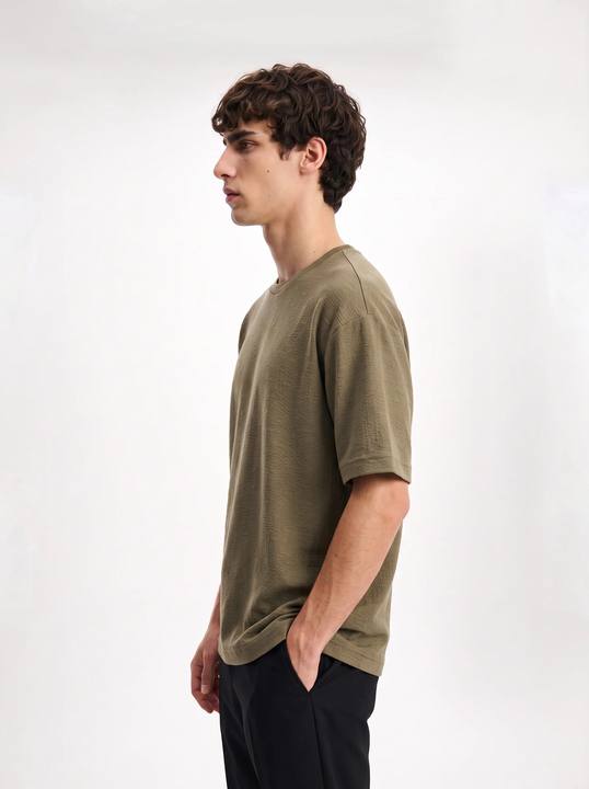 OLIVE KHAKI TONAL CRINKLE TEXTURE OVERSIZED T-SHIRT S27