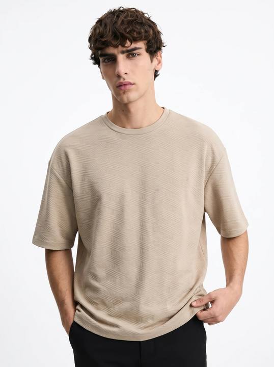 SOFT BEIGE TONAL GEOMETRIC JACQUARD OVERSIZED T-SHIRT S27