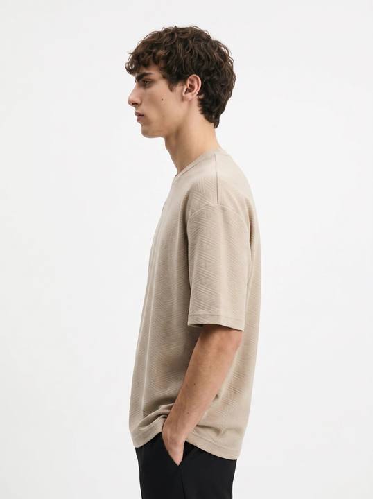 SOFT BEIGE TONAL GEOMETRIC JACQUARD OVERSIZED T-SHIRT S27