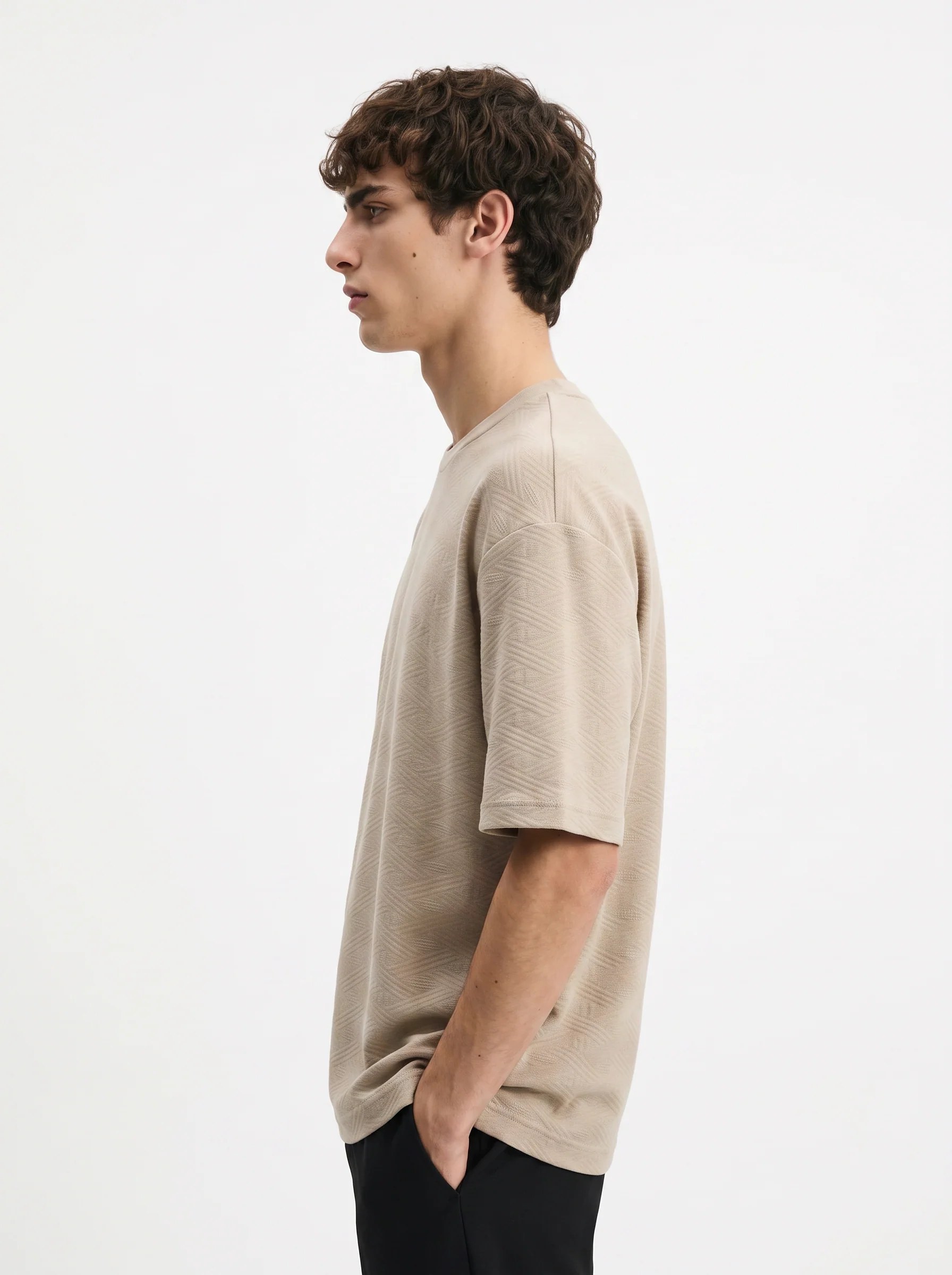 SOFT BEIGE TONAL GEOMETRIC JACQUARD OVERSIZED T-SHIRT S27
