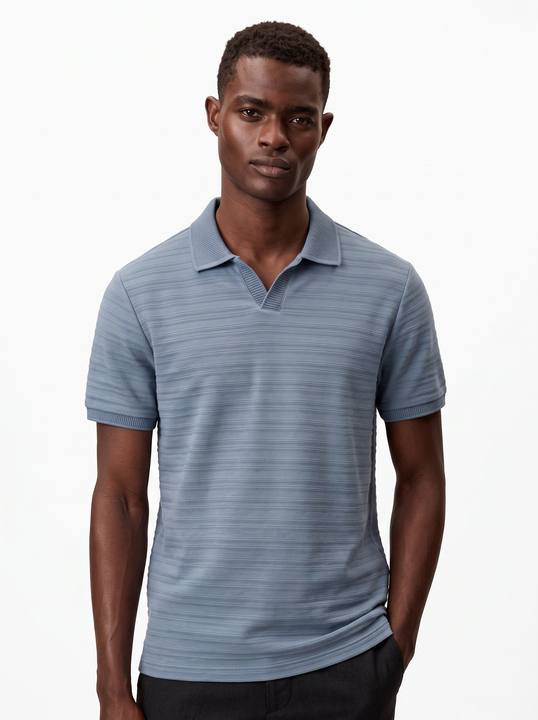 DUSTY BLUE TONAL HORIZONTAL STRIPE OPEN-COLLAR POLO S27