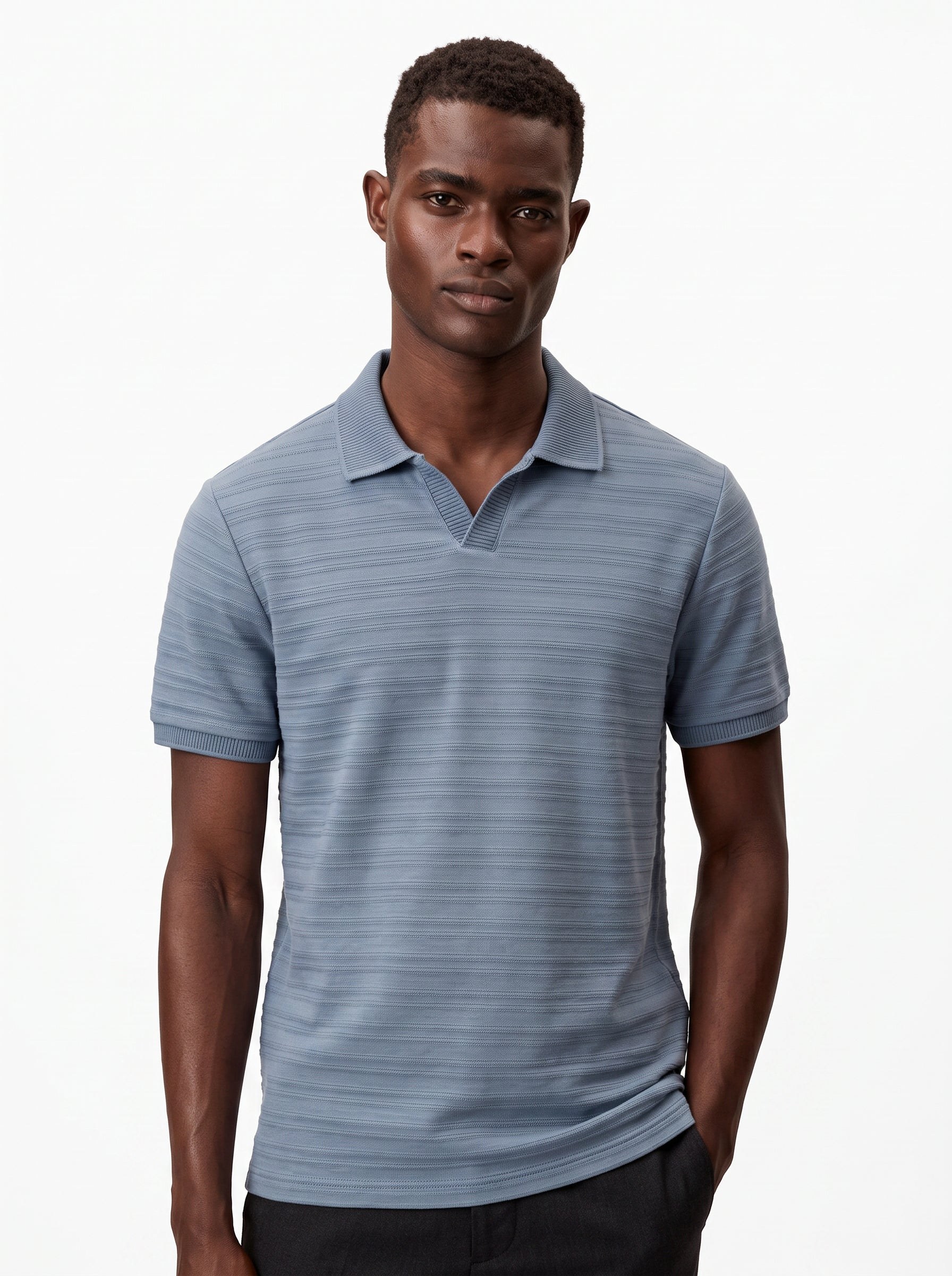 DUSTY BLUE TONAL HORIZONTAL STRIPE OPEN-COLLAR POLO S27