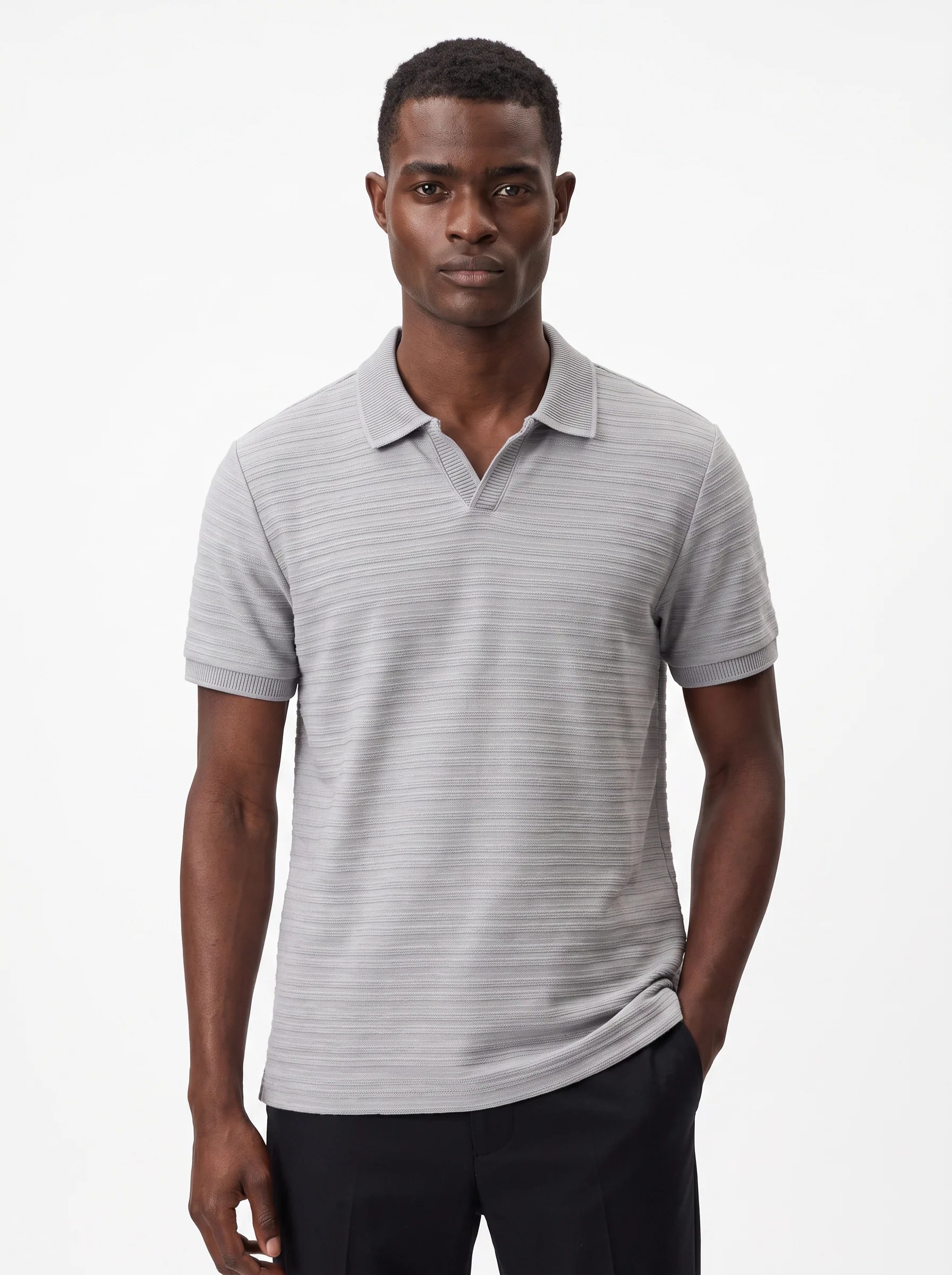 COOL GREY TONAL HORIZONTAL STRIPE OPEN-COLLAR POLO S27