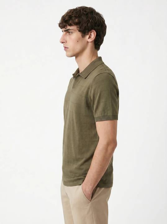 OLIVE TONAL HORIZONTAL STRIPE OPEN-COLLAR POLO S27