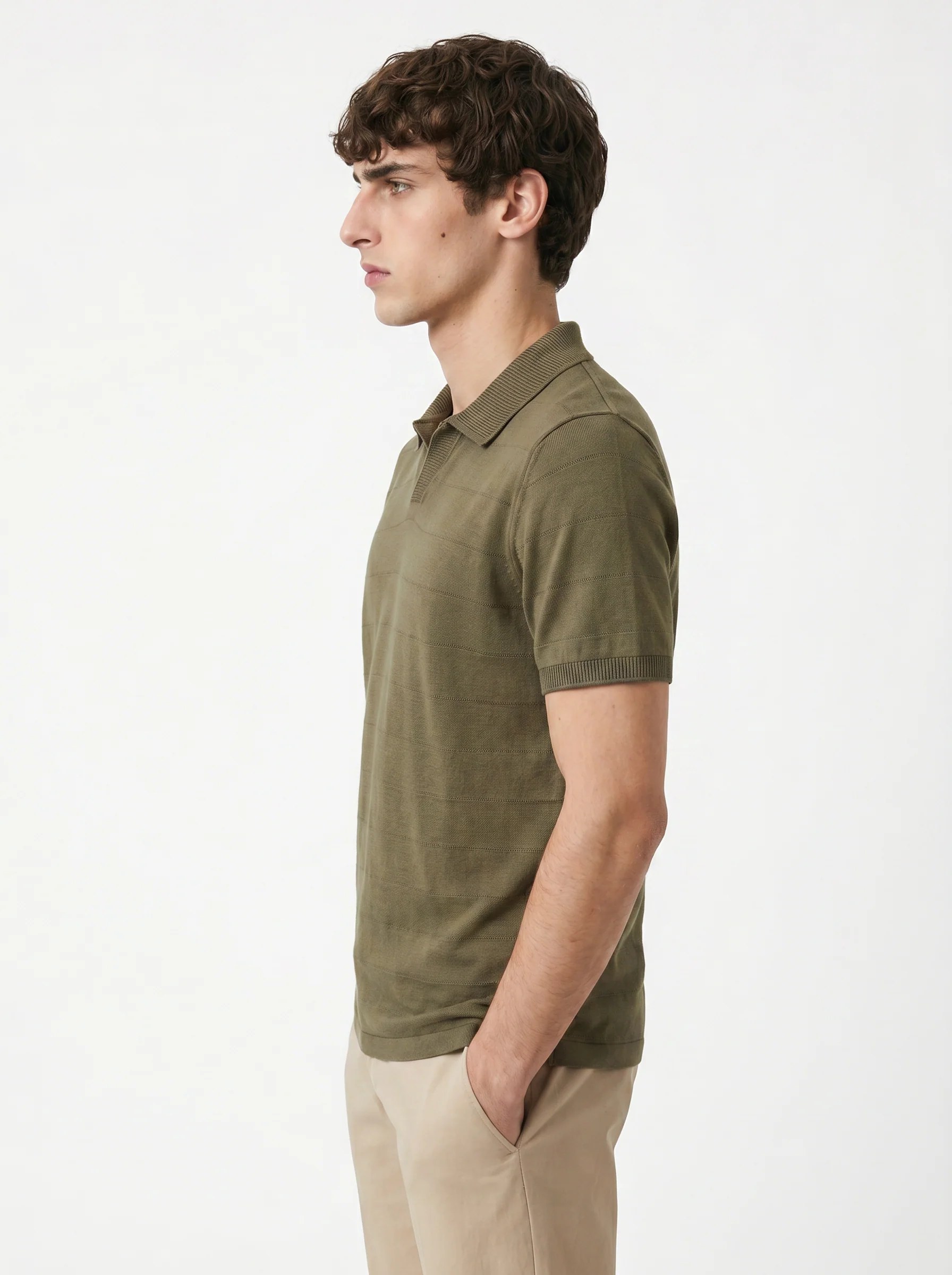 OLIVE TONAL HORIZONTAL STRIPE OPEN-COLLAR POLO S27