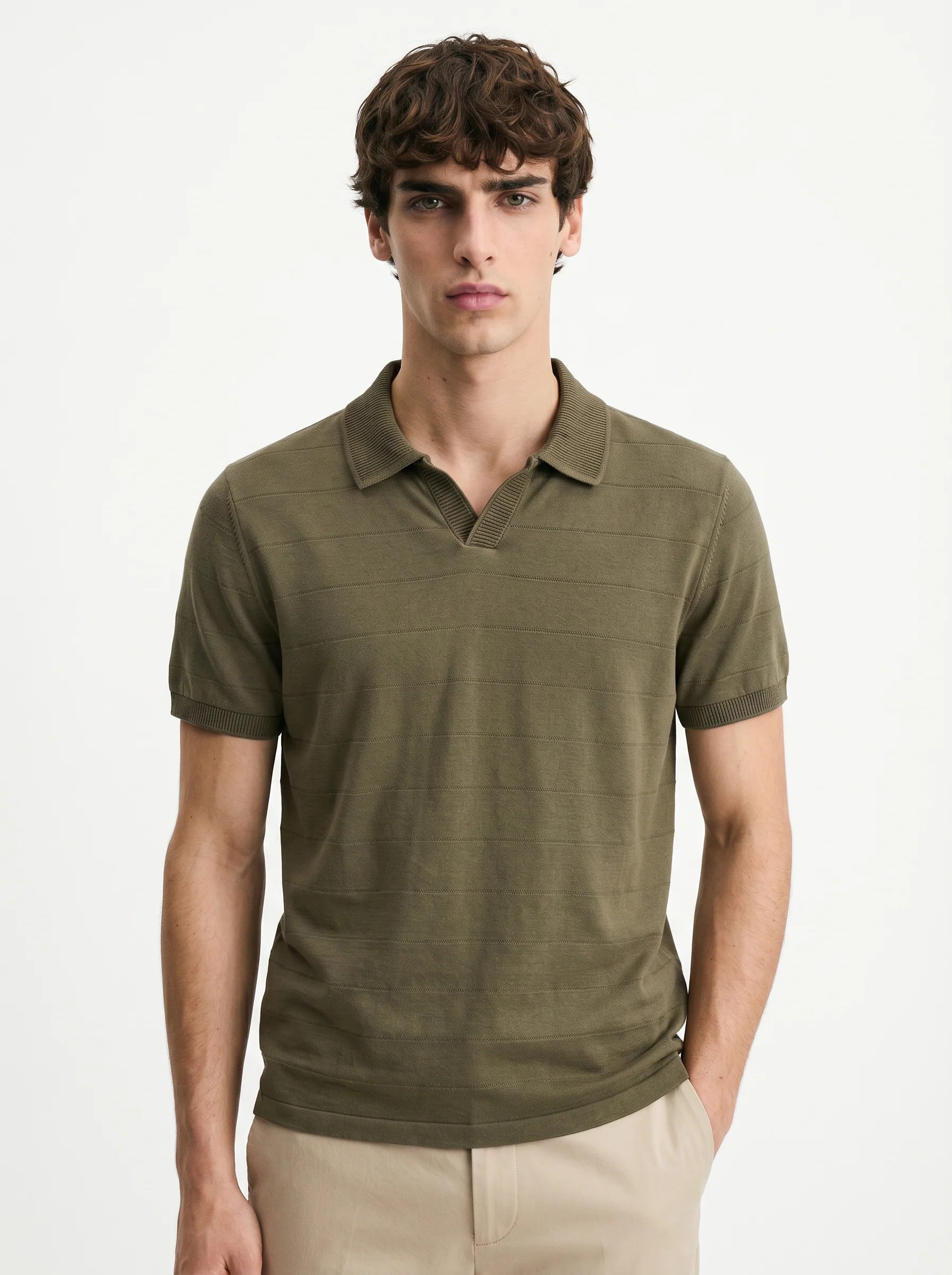 OLIVE TONAL HORIZONTAL STRIPE OPEN-COLLAR POLO S27