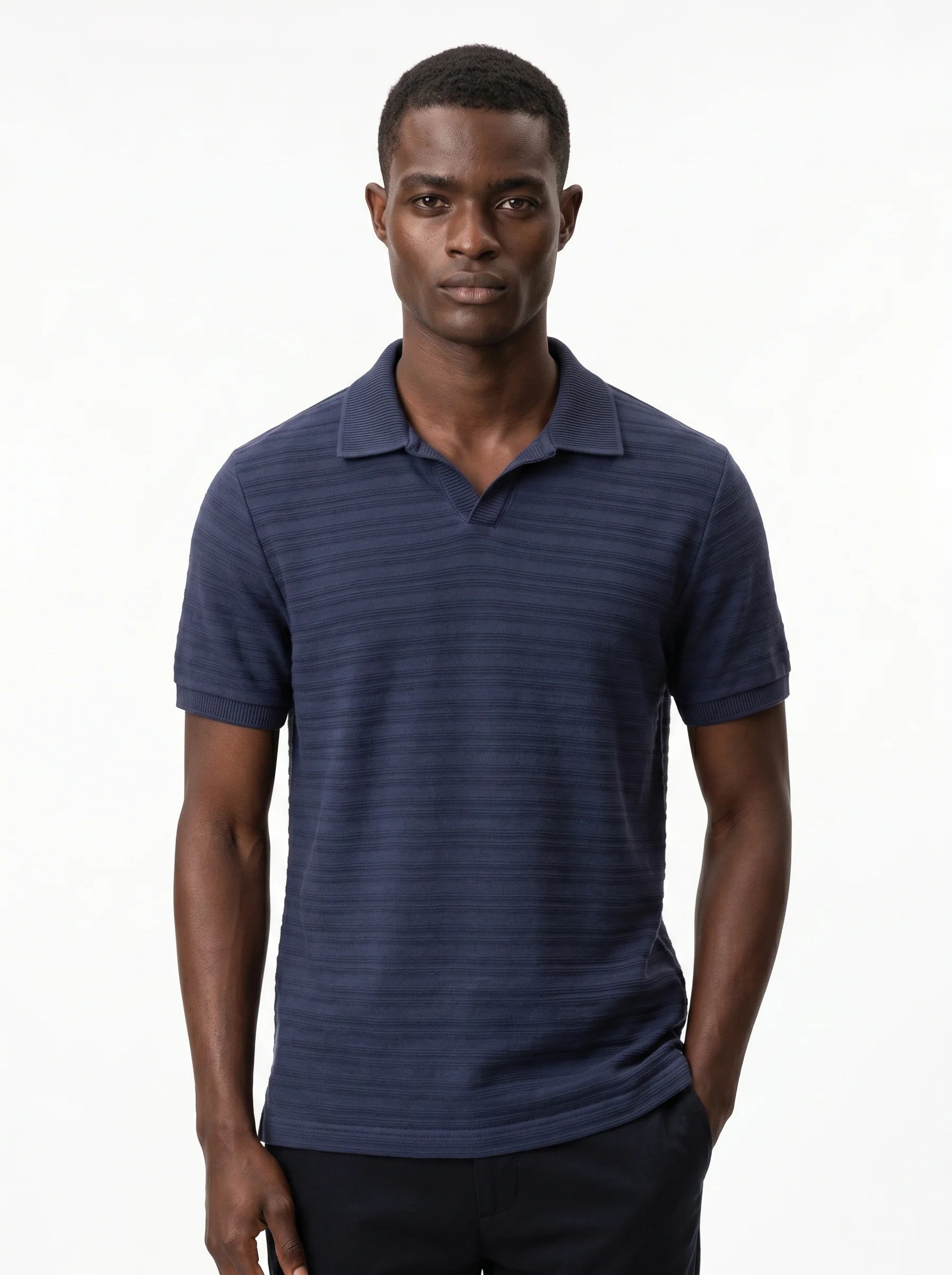 MIDNIGHT NAVY TONAL HORIZONTAL STRIPE OPEN-COLLAR POLO S27