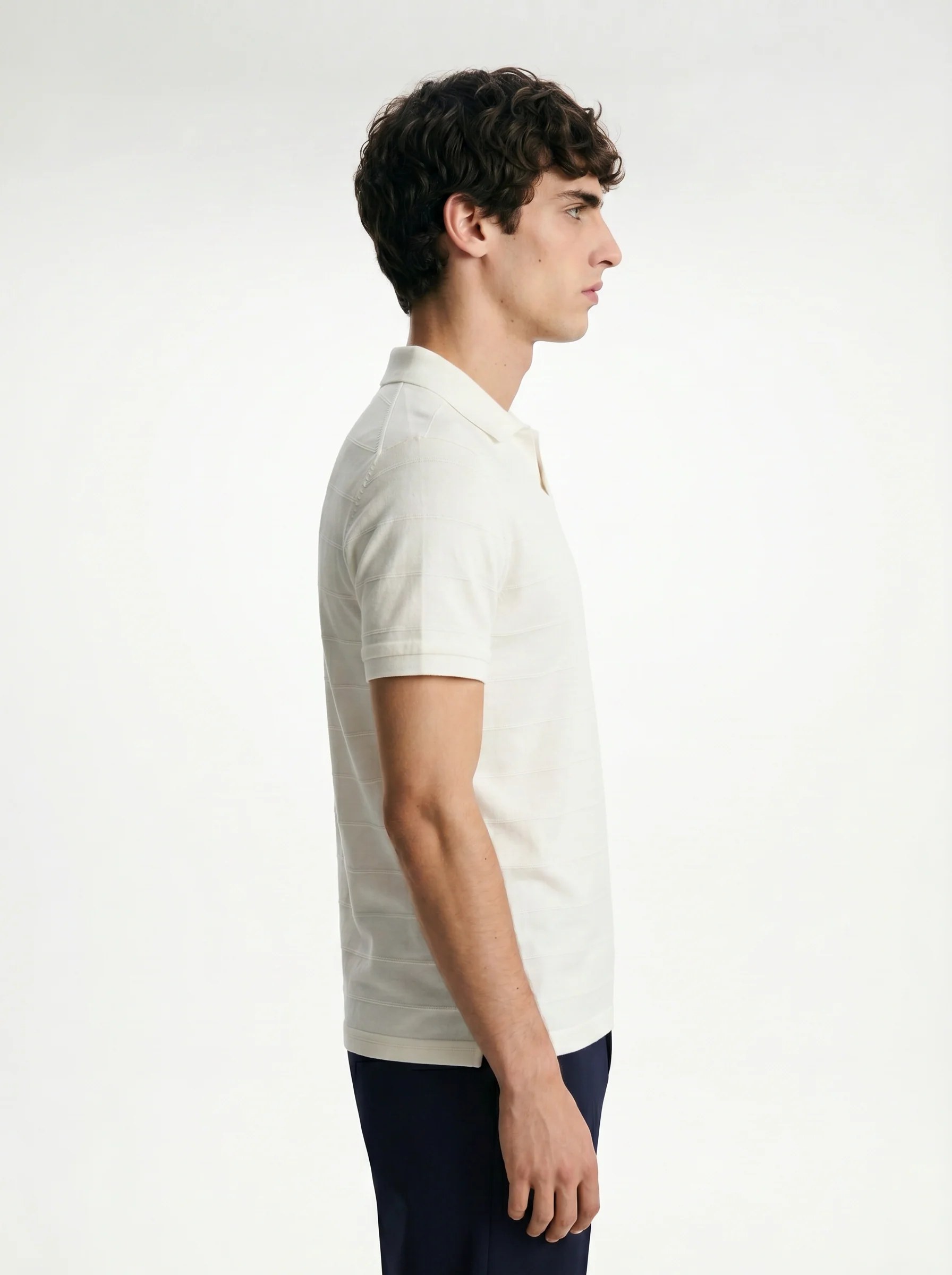 OFF-WHITE TONAL HORIZONTAL STRIPE OPEN-COLLAR POLO S27