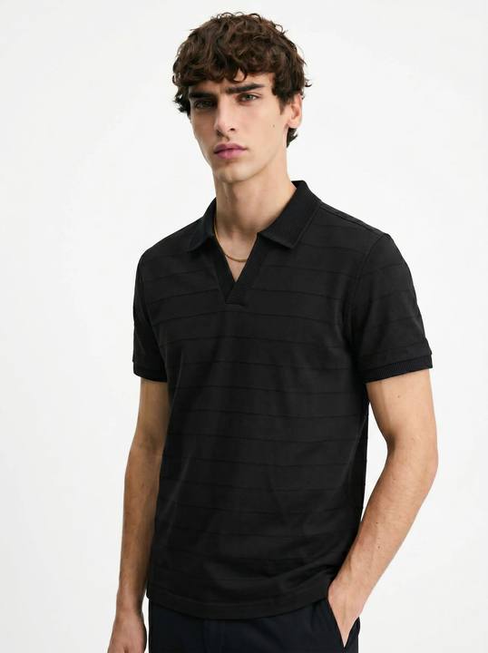 BLACK TONAL HORIZONTAL STRIPE OPEN-COLLAR POLO S27