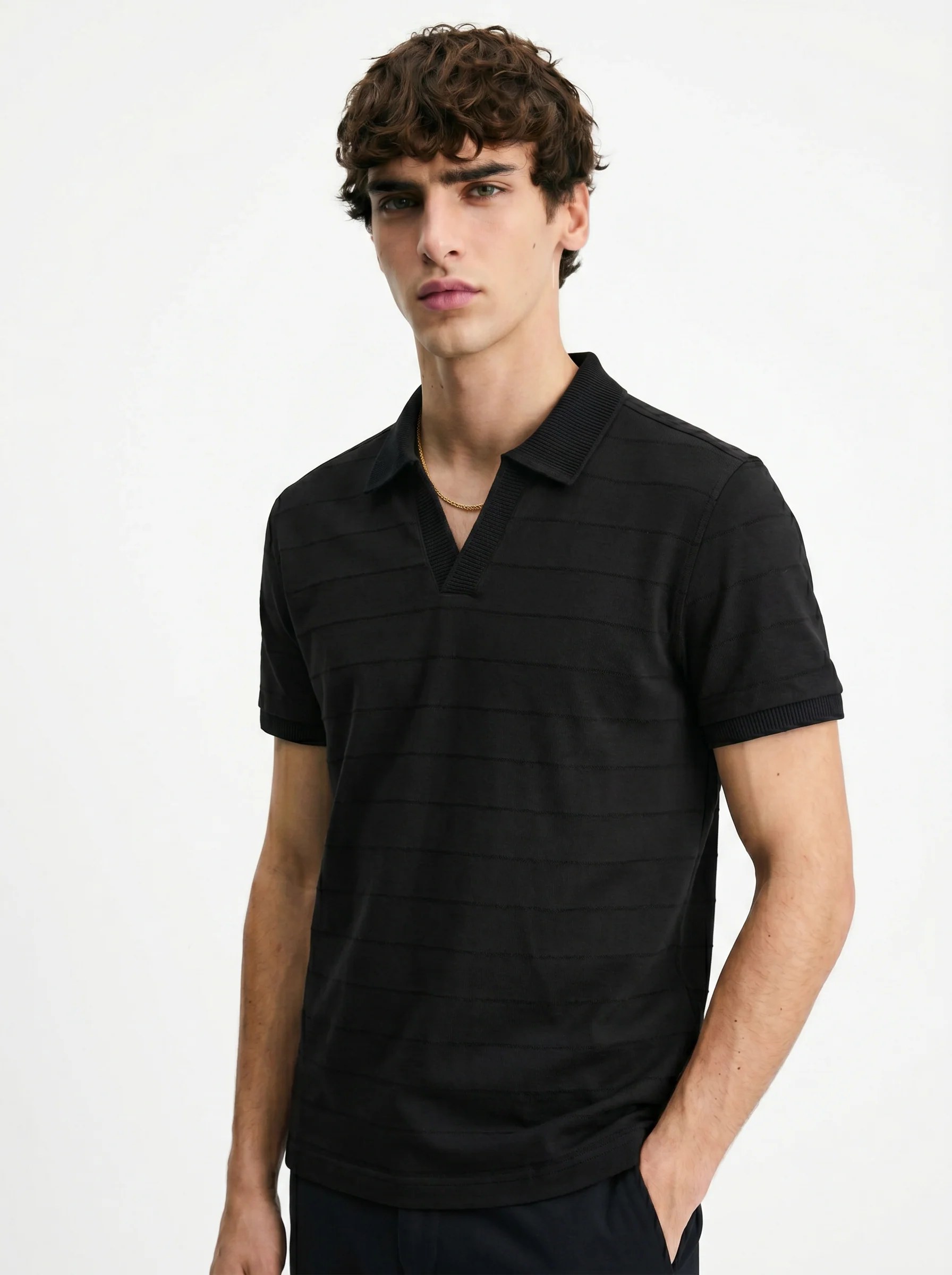BLACK TONAL HORIZONTAL STRIPE OPEN-COLLAR POLO S27