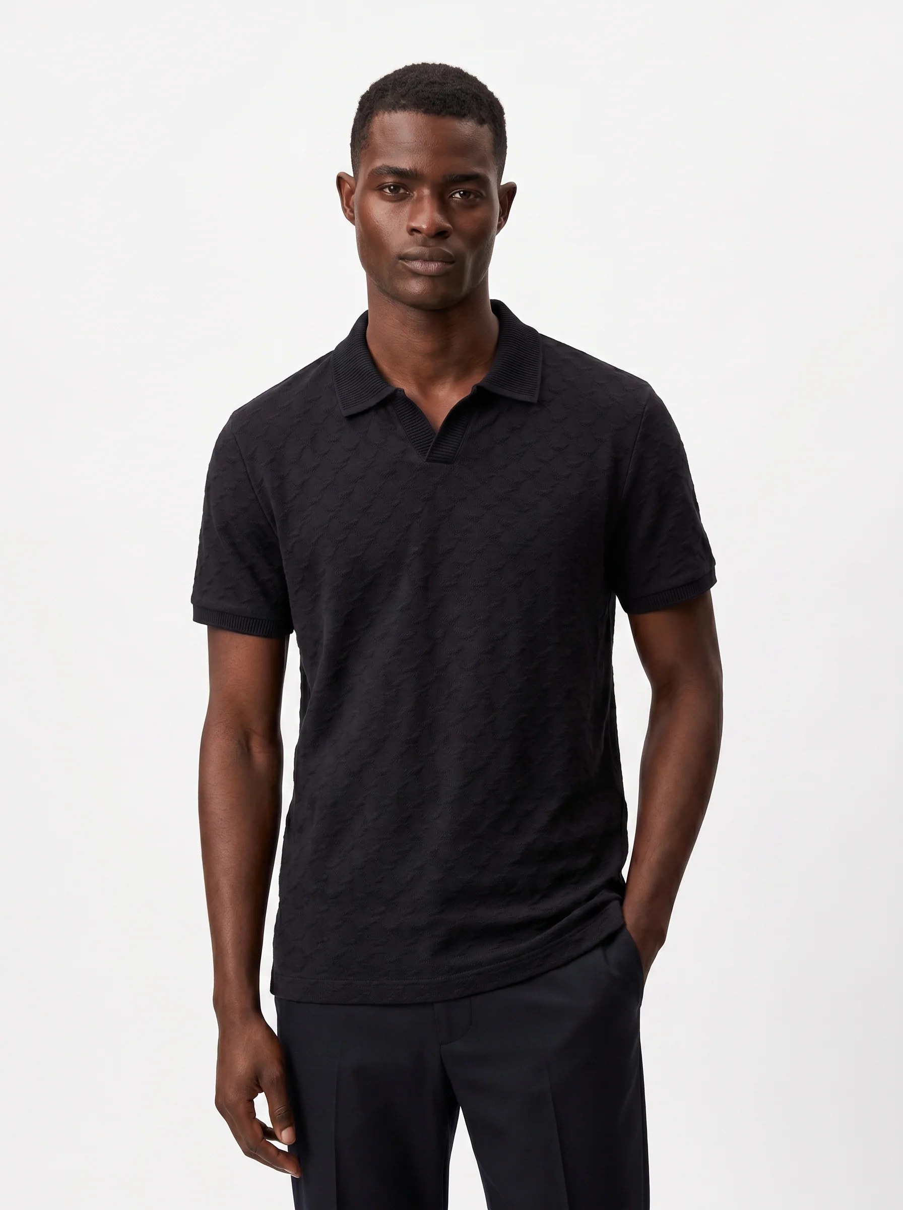 BLACK TONAL TEXTURED OPEN-COLLAR POLO S27