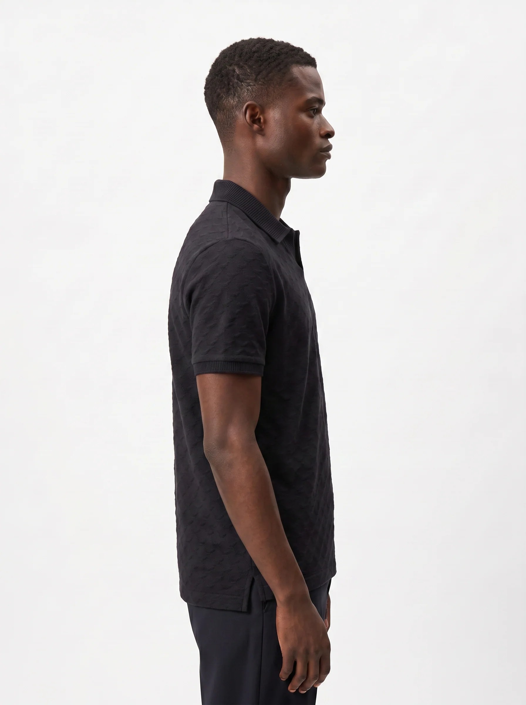 BLACK TONAL TEXTURED OPEN-COLLAR POLO S27