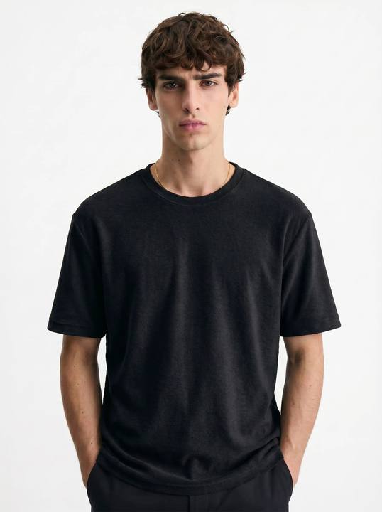 BLACK TONAL JACQUARD TOWEL KNIT RELAXED T-SHIRT S27