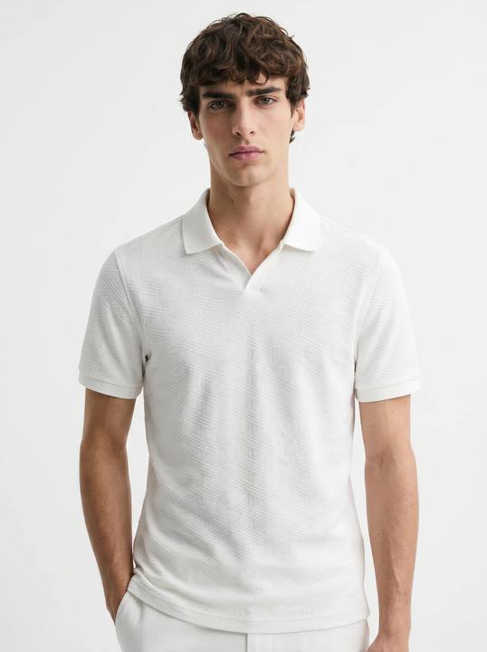 WHITE TONAL JACQUARD OPEN-COLLAR POLO S27