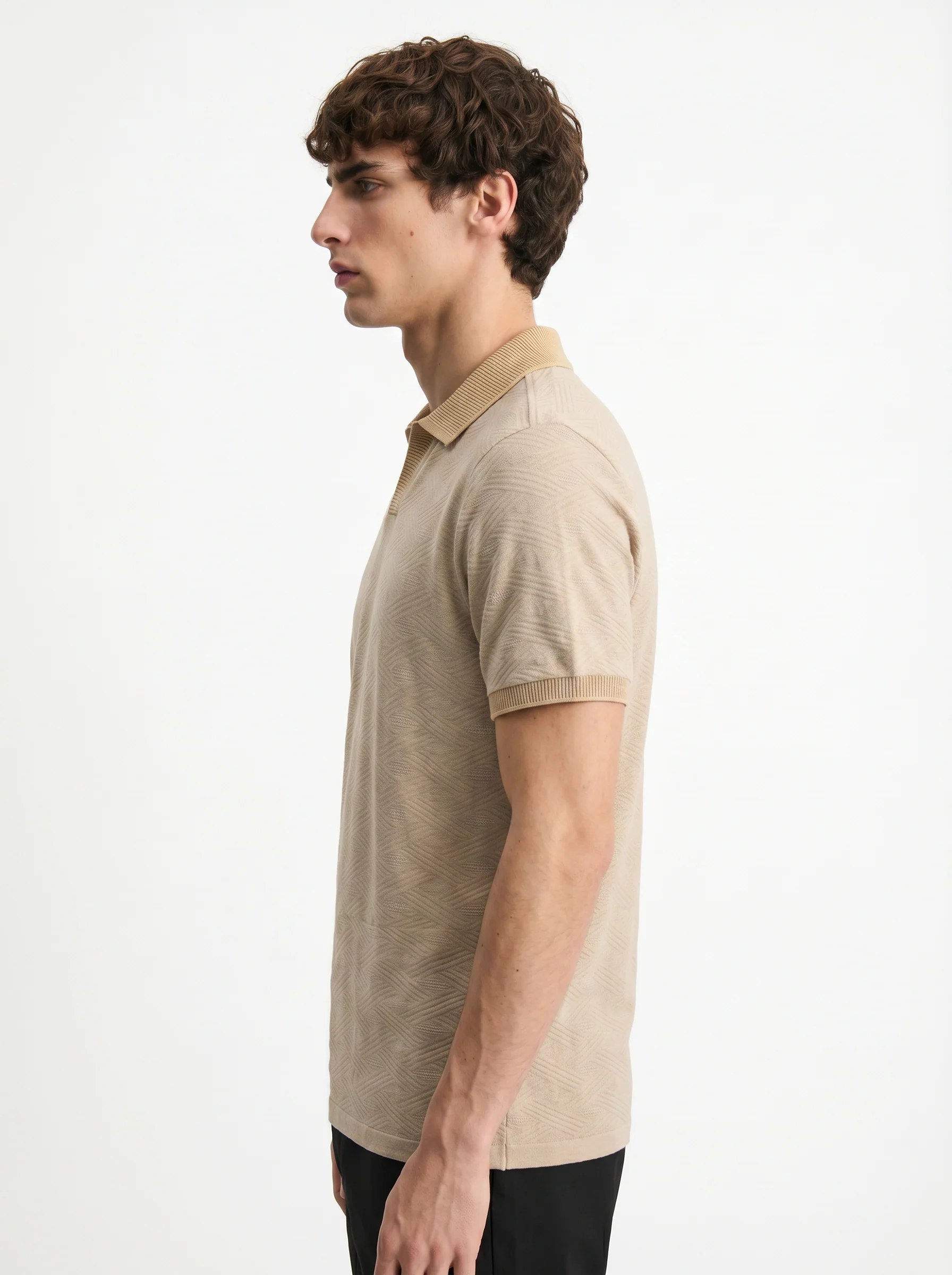 BEIGE TONAL JACQUARD OPEN-COLLAR POLO S27