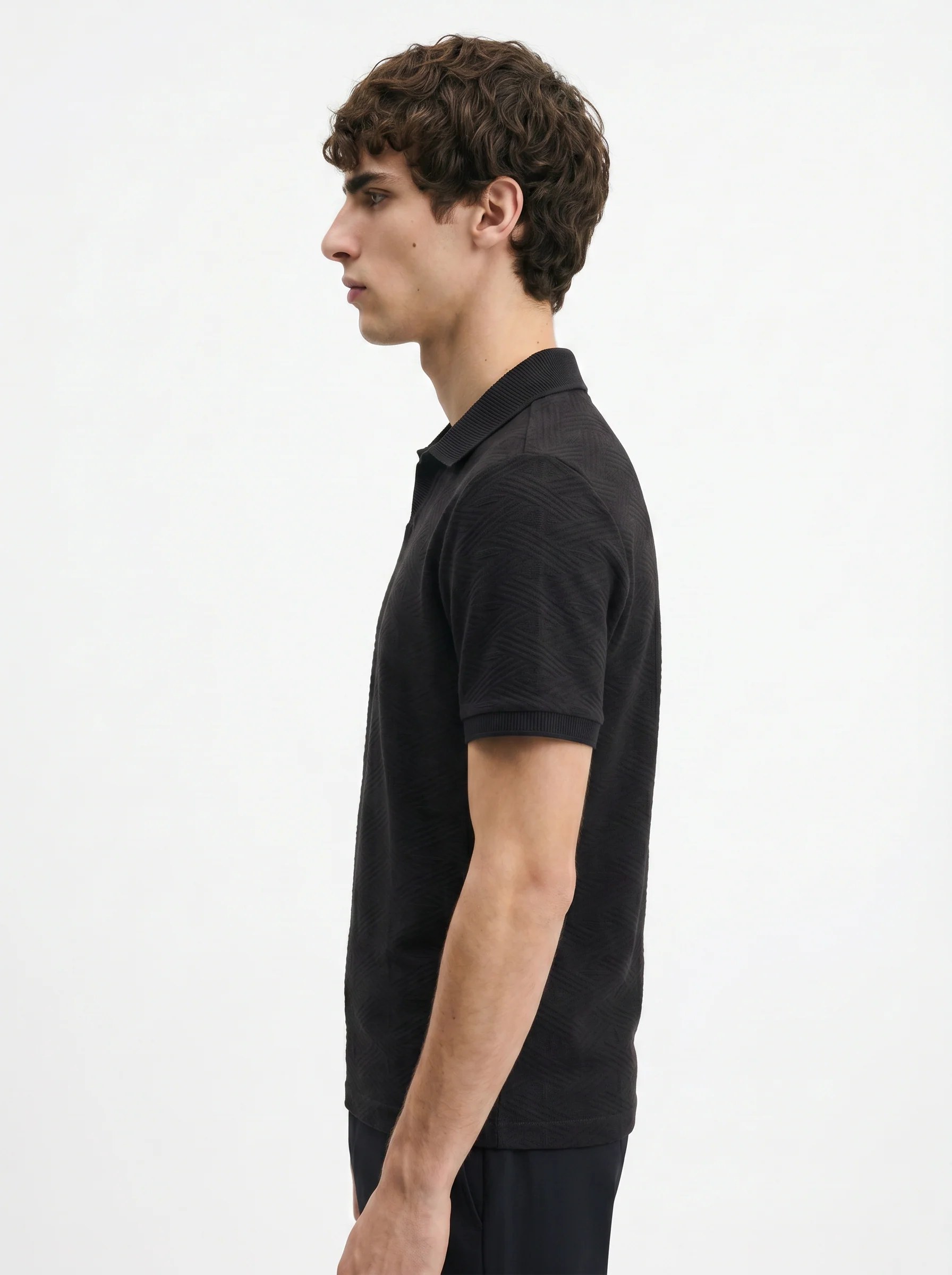 BLACK TONAL JACQUARD OPEN-COLLAR POLO S27