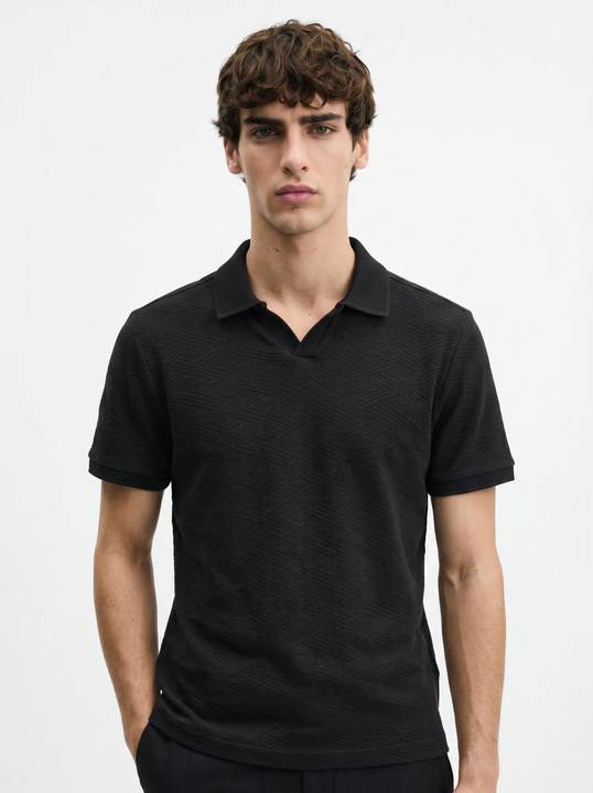 BLACK TONAL JACQUARD OPEN-COLLAR POLO S27