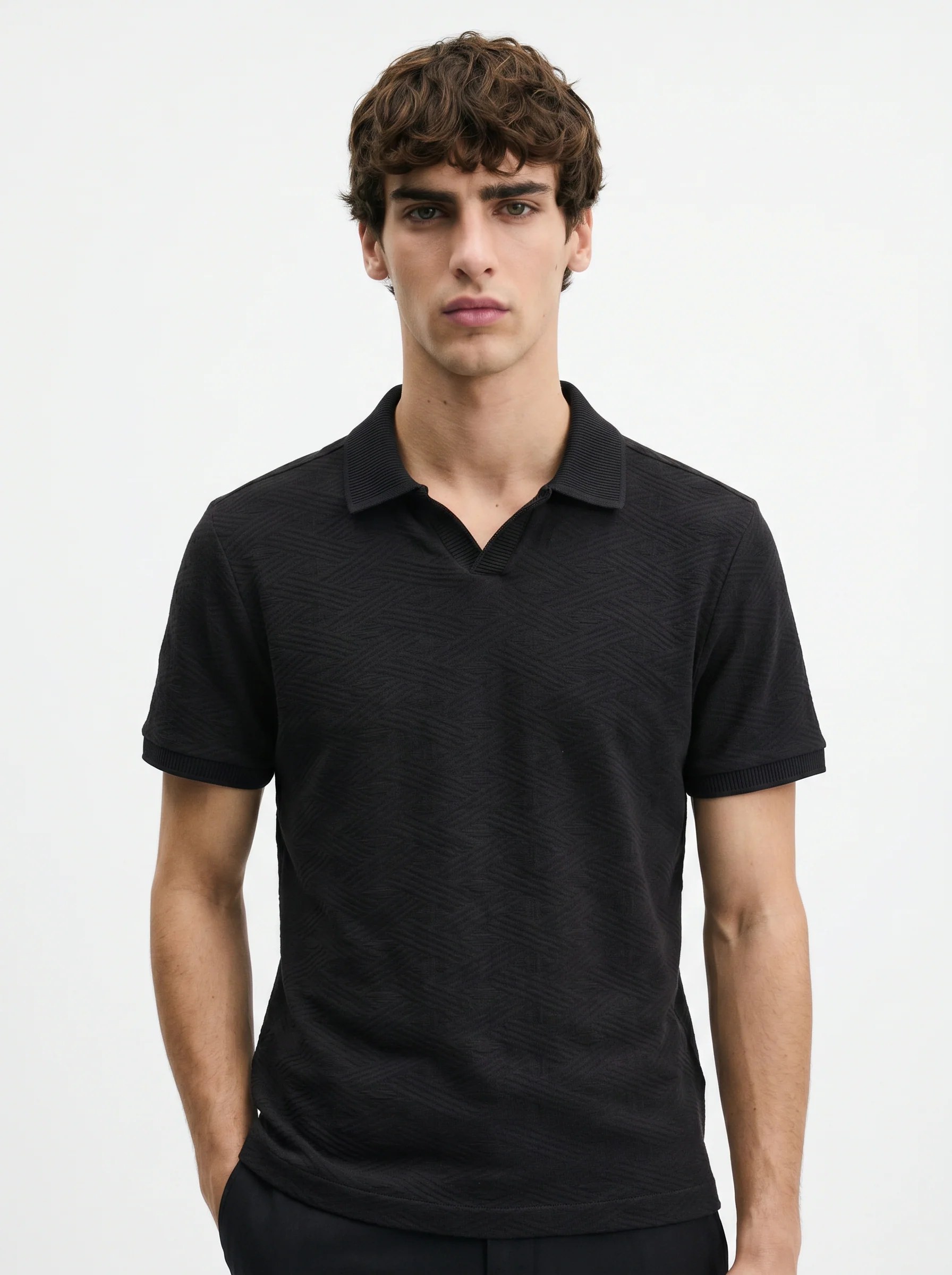 BLACK TONAL JACQUARD OPEN-COLLAR POLO S27