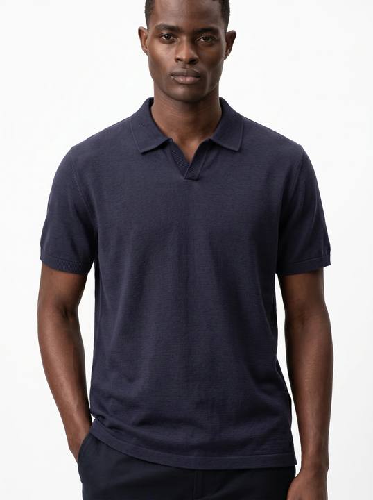 MIDNIGHT NAVY FINE-GAUGE KNIT OPEN-COLLAR POLO S27