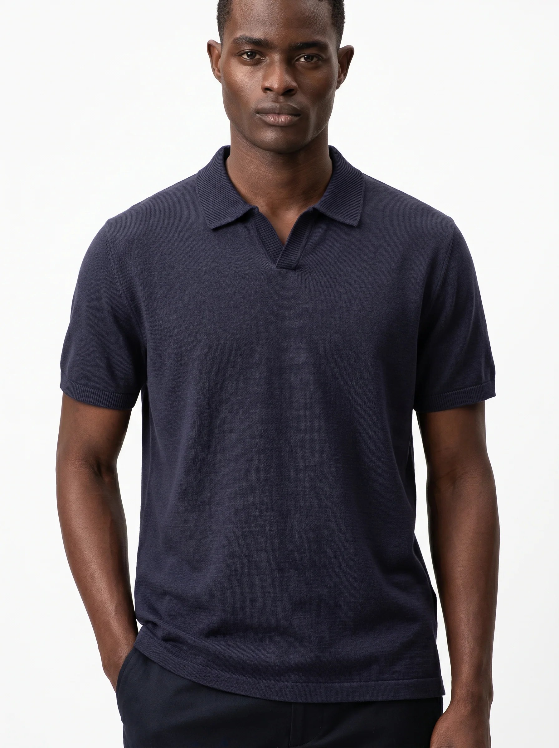 MIDNIGHT NAVY FINE-GAUGE KNIT OPEN-COLLAR POLO S27