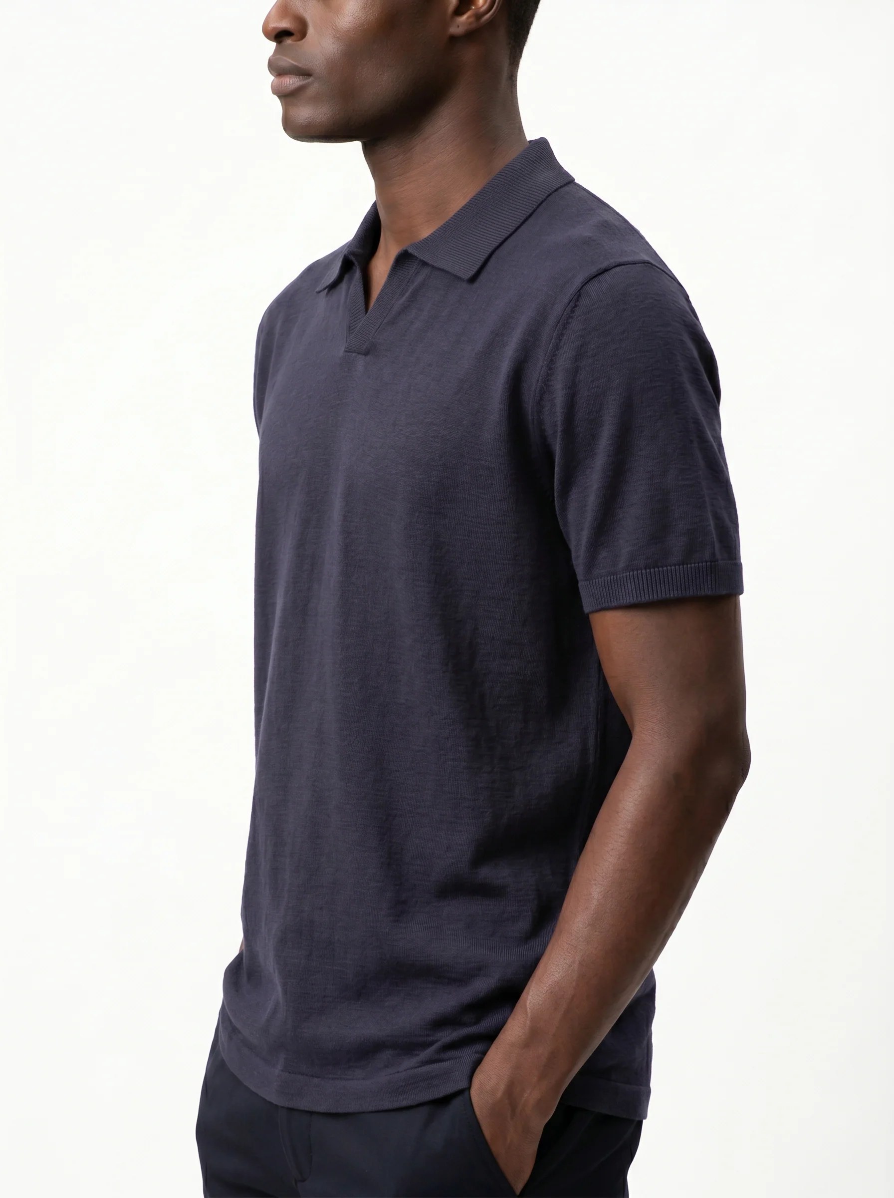 MIDNIGHT NAVY FINE-GAUGE KNIT OPEN-COLLAR POLO S27
