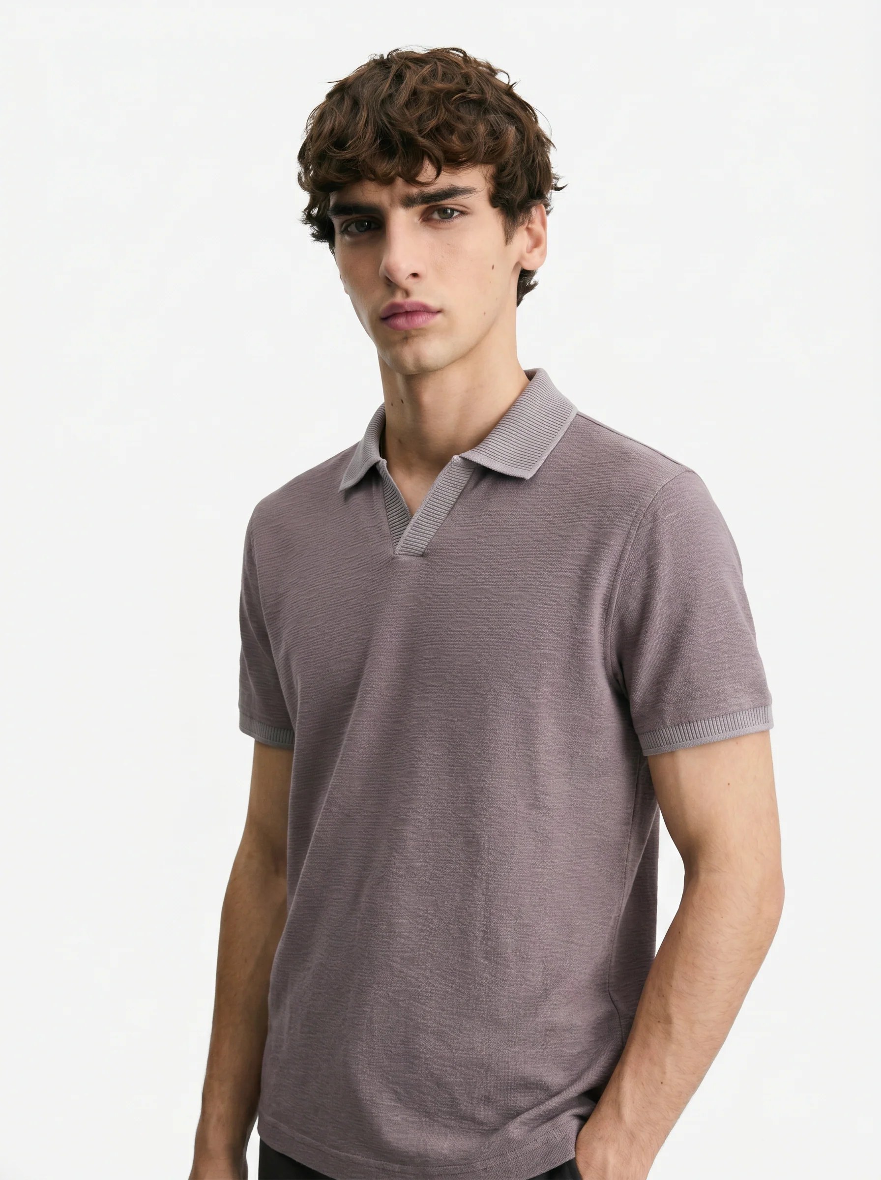 STONE TAUPE DRAB TONAL OPEN-COLLAR POLO S27