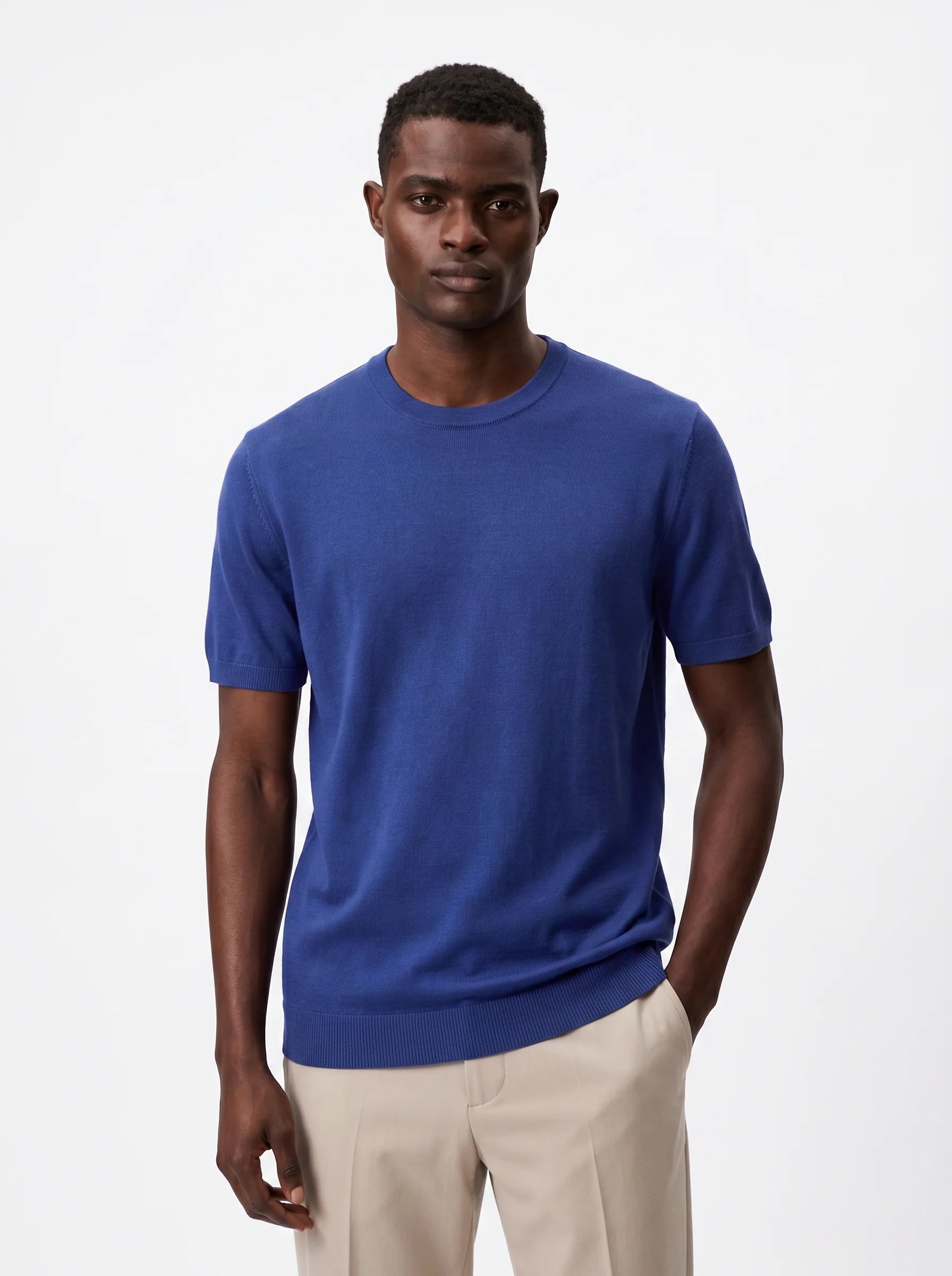 ROYAL BLUE FINE-KNIT CREWNECK KNIT T-SHIRT S27