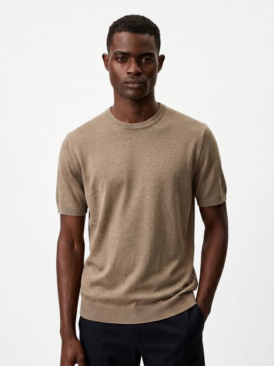 TAUPE FINE-KNIT CREWNECK KNIT T-SHIRT S27