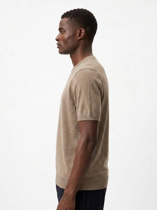 TAUPE FINE-KNIT CREWNECK KNIT T-SHIRT S27