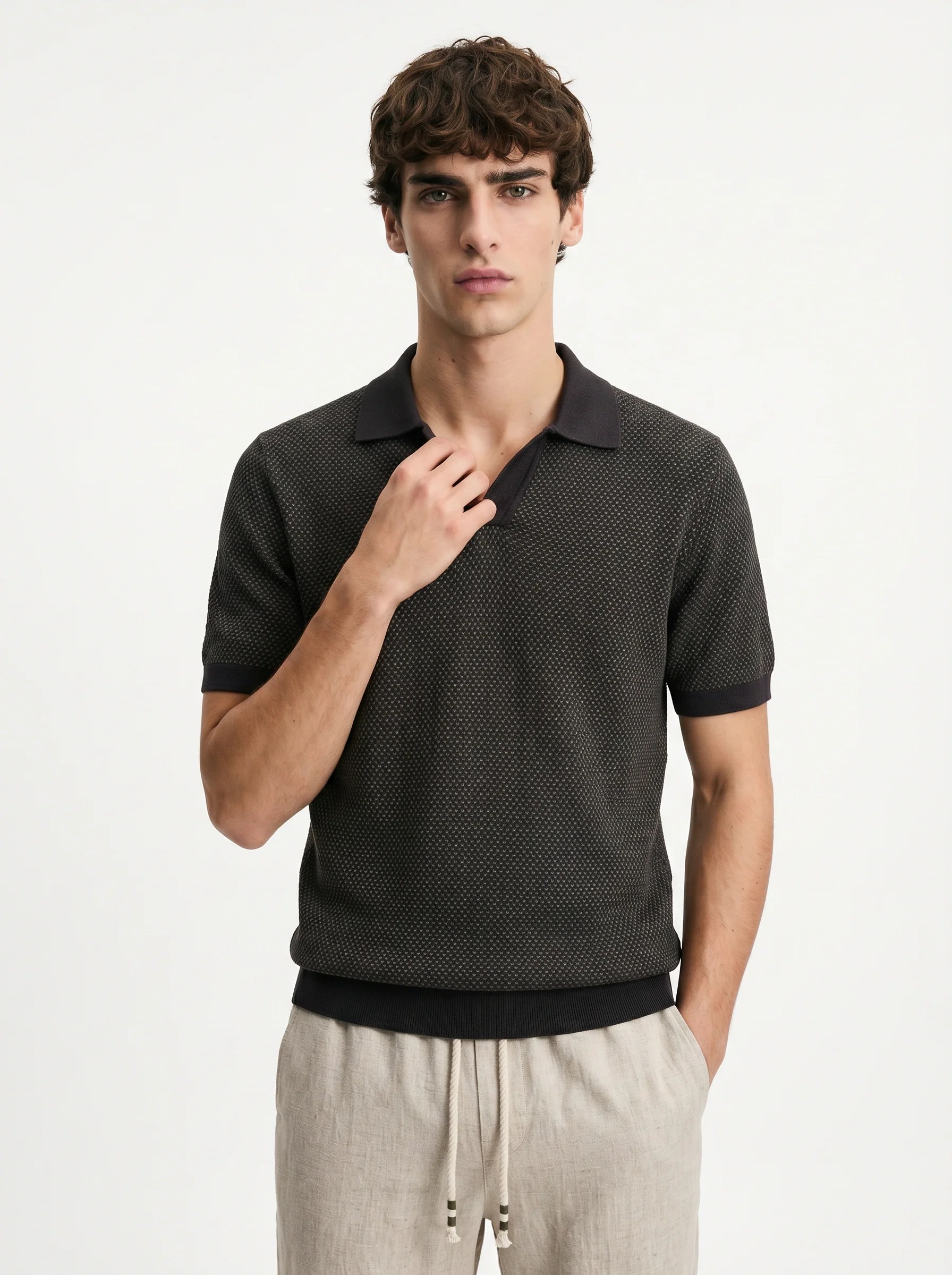 MIDNIGHT ASH TEXTURED KNIT POLO SHIRT S27
