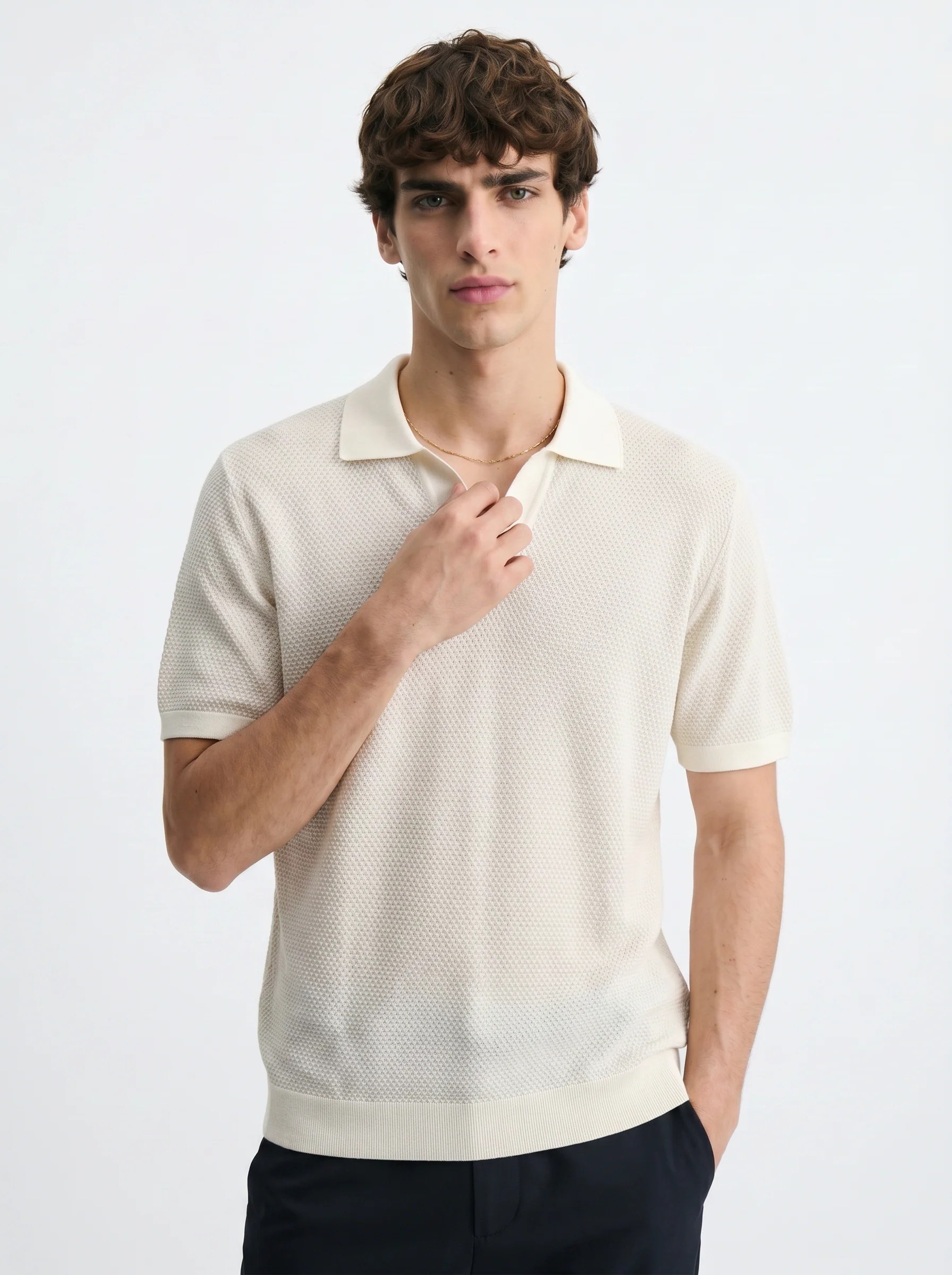 ARCTIC IVORY TEXTURED KNIT POLO SHIRT S27